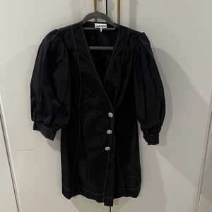 Ganni Black Puff Sleeve Buttoned Blouse with crystal brooch buttons